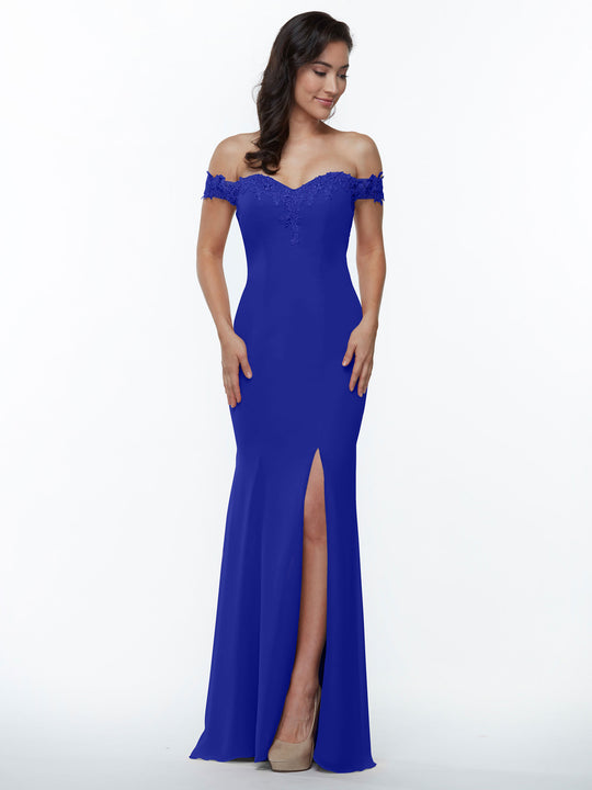 A woman models the Avery Austin 80121 bridesmaid dress in cobalt, featuring an off-the-shoulder neckline and thigh-high slit, against a white background. She pairs it with nude heels and has long, dark hair.