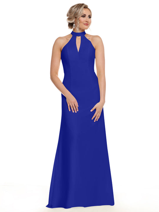 A woman models Avery Austin's 80138: a sleeveless, floor-length royal blue halter gown with a front keyhole cutout, posing against a plain white background to elegantly showcase your shoulders.