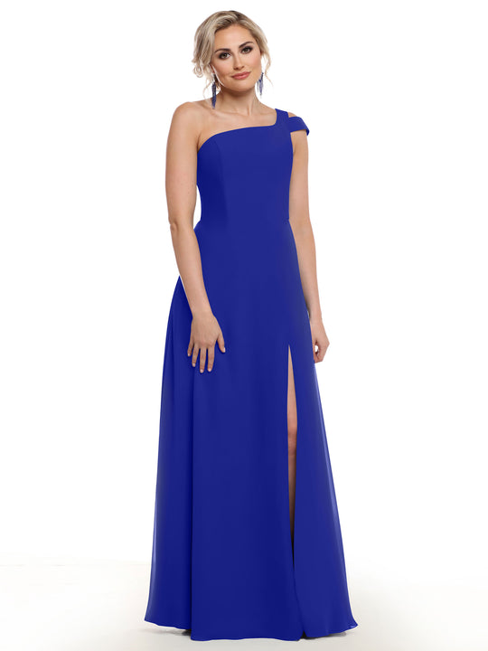A woman wears the Avery Austin 80139 in cobalt, a one-shoulder, floor-length dress with a thigh-high side slit, standing facing forward against a white background.