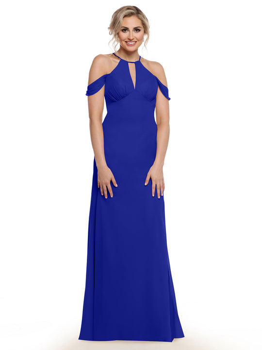 A smiling woman wears the Avery Austin 80148 royal blue floor-length halter dress with chiffon cap sleeves and a front keyhole cutout, standing against a plain white background.