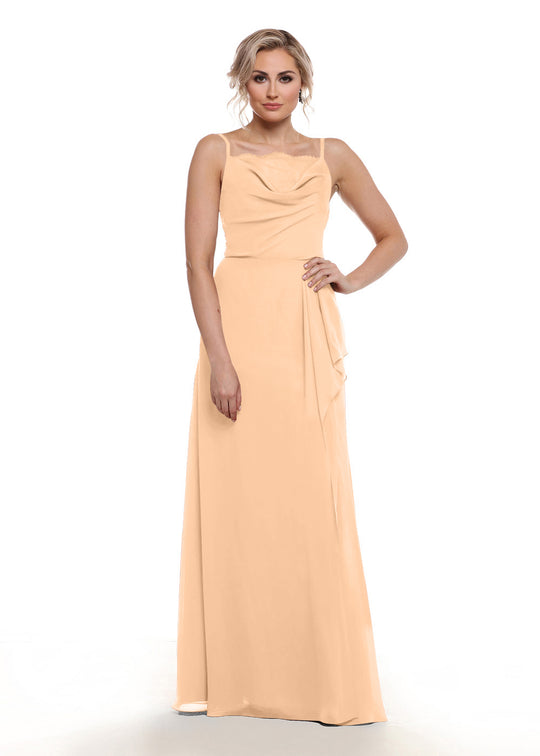 A woman models Avery Austin's 80152: a sleeveless, floor-length peach chiffon A-Line dress with a draped neckline, side ruffle detail, and elegant slit, posed against a plain white background.