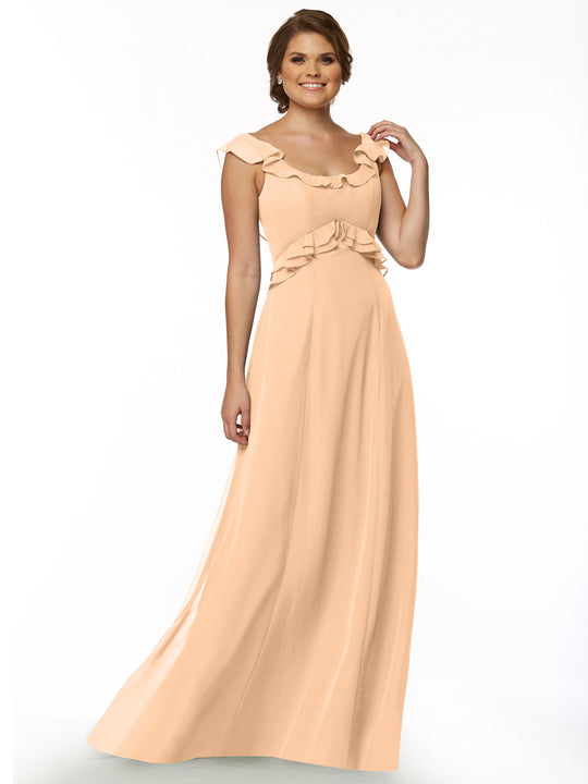 A woman modeling Avery Austin's 80173, a long peach sleeveless dress with ruffled neckline and waist, stands smiling against a plain white background.