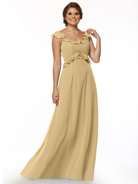 A woman wears Avery Austin’s 80173 long light tan gown with a ruffled neckline and waist, standing and smiling against a plain white background.