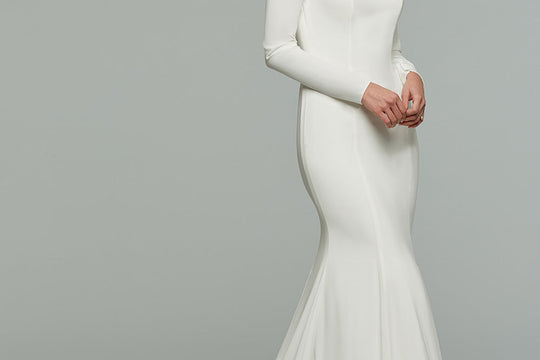 Avery Austin try-at-home wedding dress sample worn by a bride at home