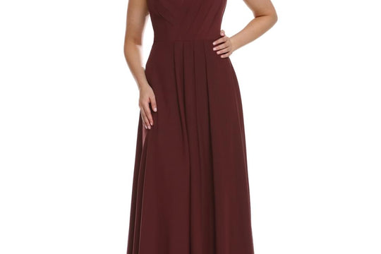 Model wearing a burgundy stretch chiffon A-line bridesmaid dress from Avery Austin, a classic fall wedding color