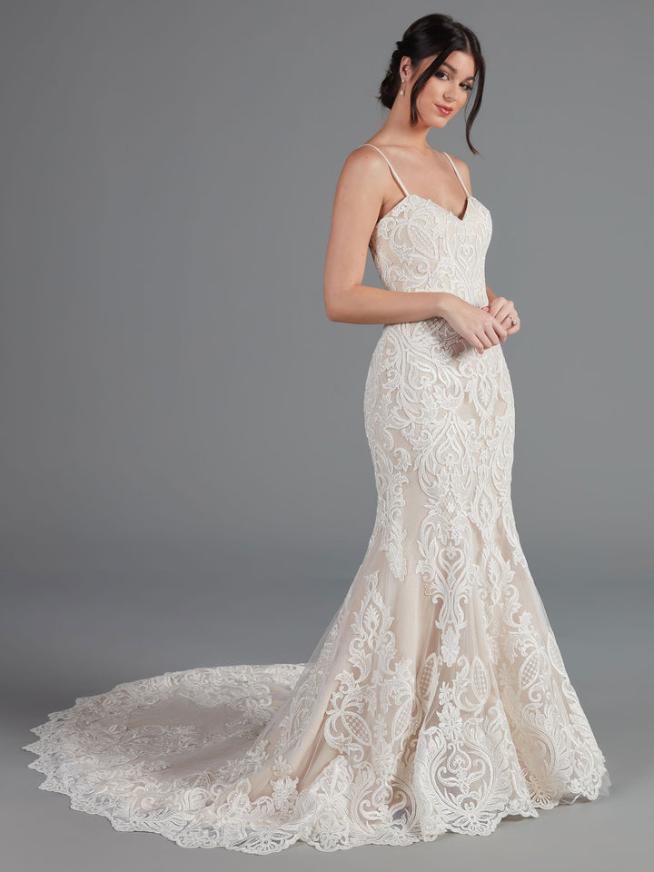 A woman models the Avery Austin TH-Morgan, an ivory/champagne fitted lace mermaid wedding dress with thin straps and a long train, standing against a plain gray background.