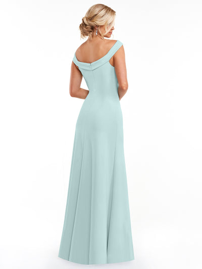 A woman with blonde hair in an updo is shown from the back, modeling Avery Austin's 83048—a light blue, off-the-shoulder A-line dress—against a plain white background.