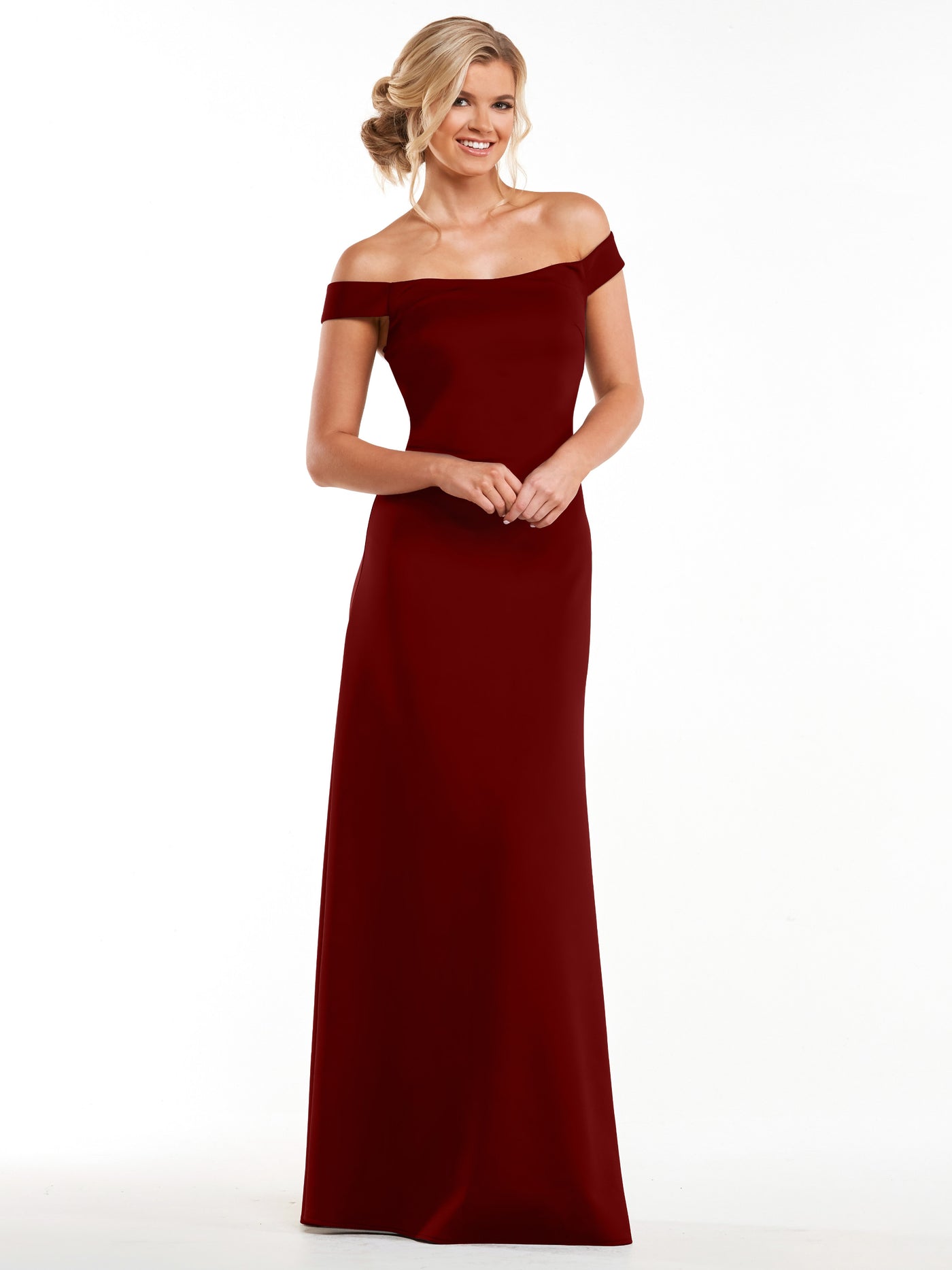 83055 - Straight Across Off-the-Shoulder Sheath Double Knit Bridesmaid Dress