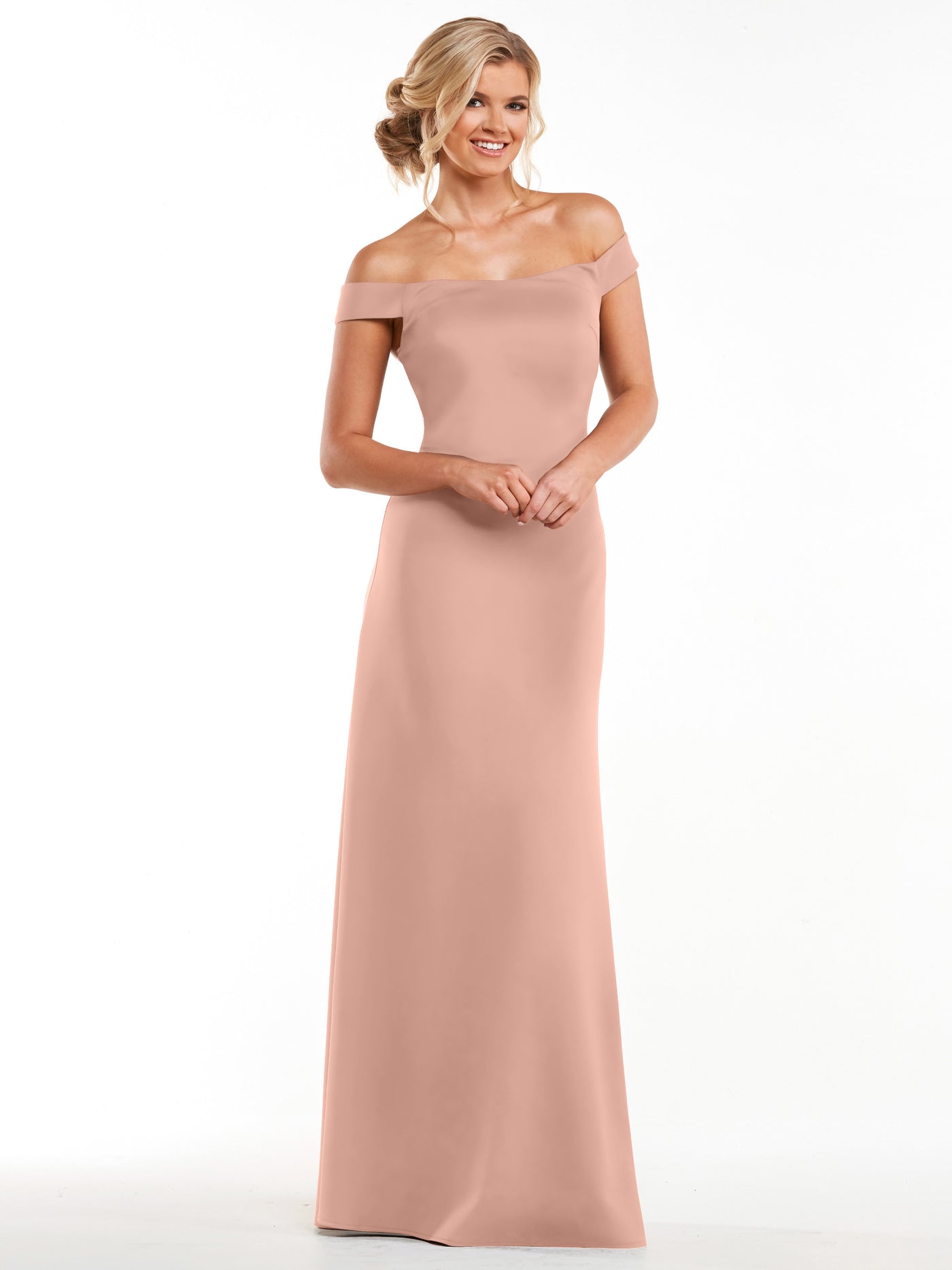 83055 - Straight Across Off-the-Shoulder Sheath Double Knit Bridesmaid Dress