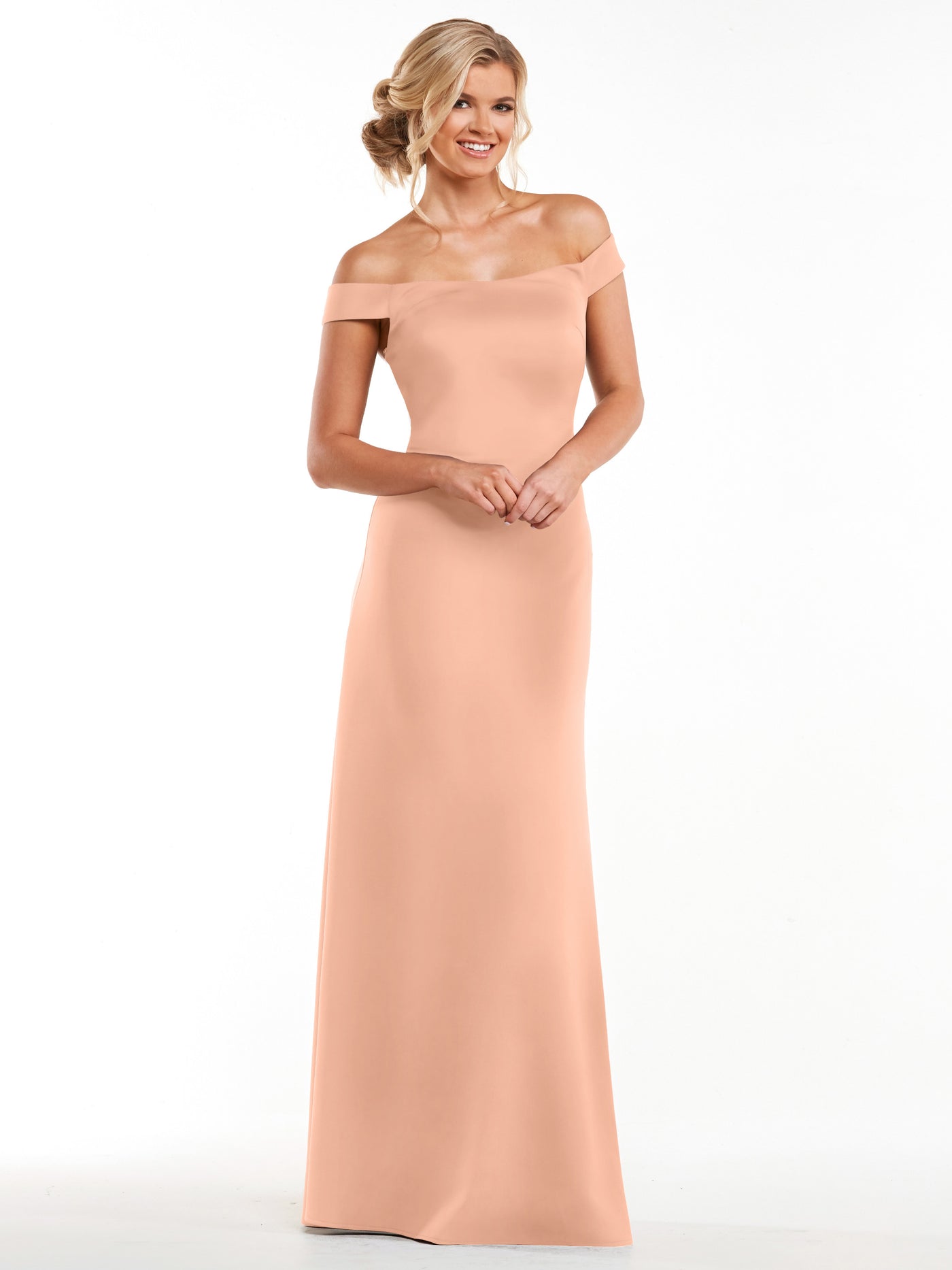 83055 - Straight Across Off-the-Shoulder Sheath Double Knit Bridesmaid Dress