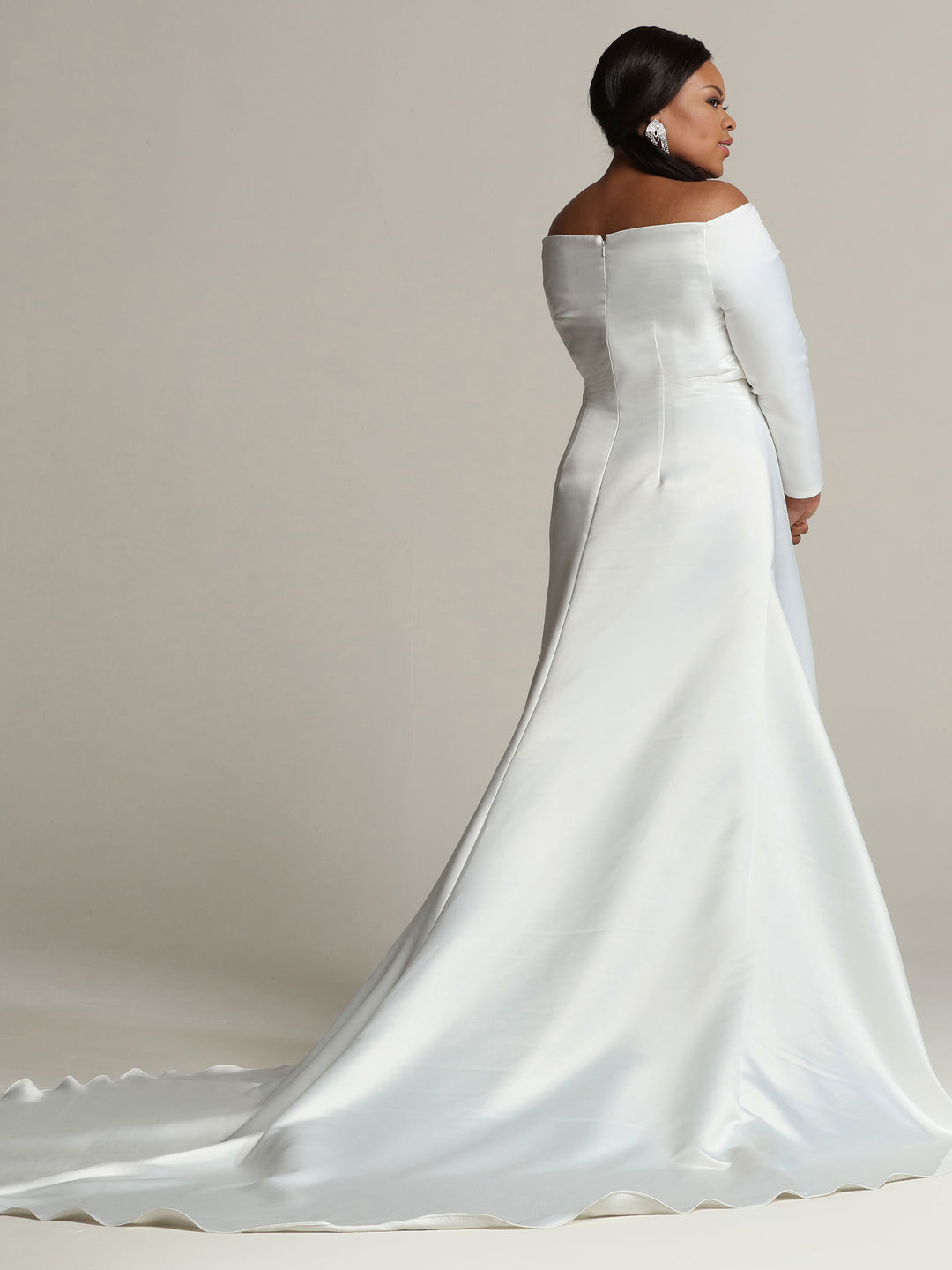 plain satin long sleeve wedding dress Long Sleeve Low Back Ivory Crepe Satin Wedding Ball Gown