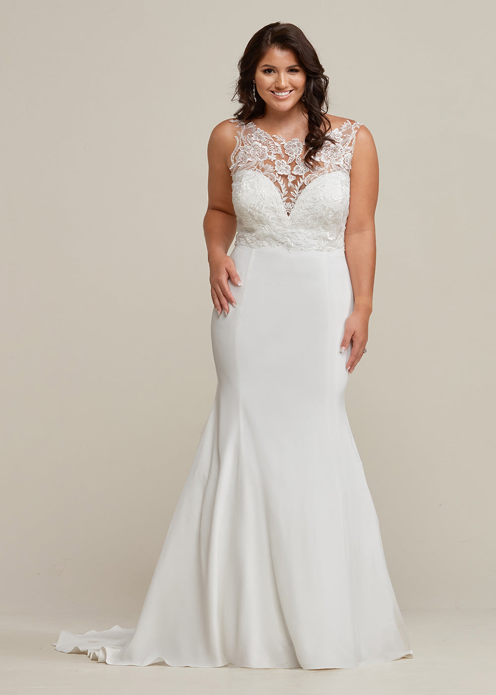 Serenity Ivory Crepe Illusion Wedding Dress with Lace Ivory / 0