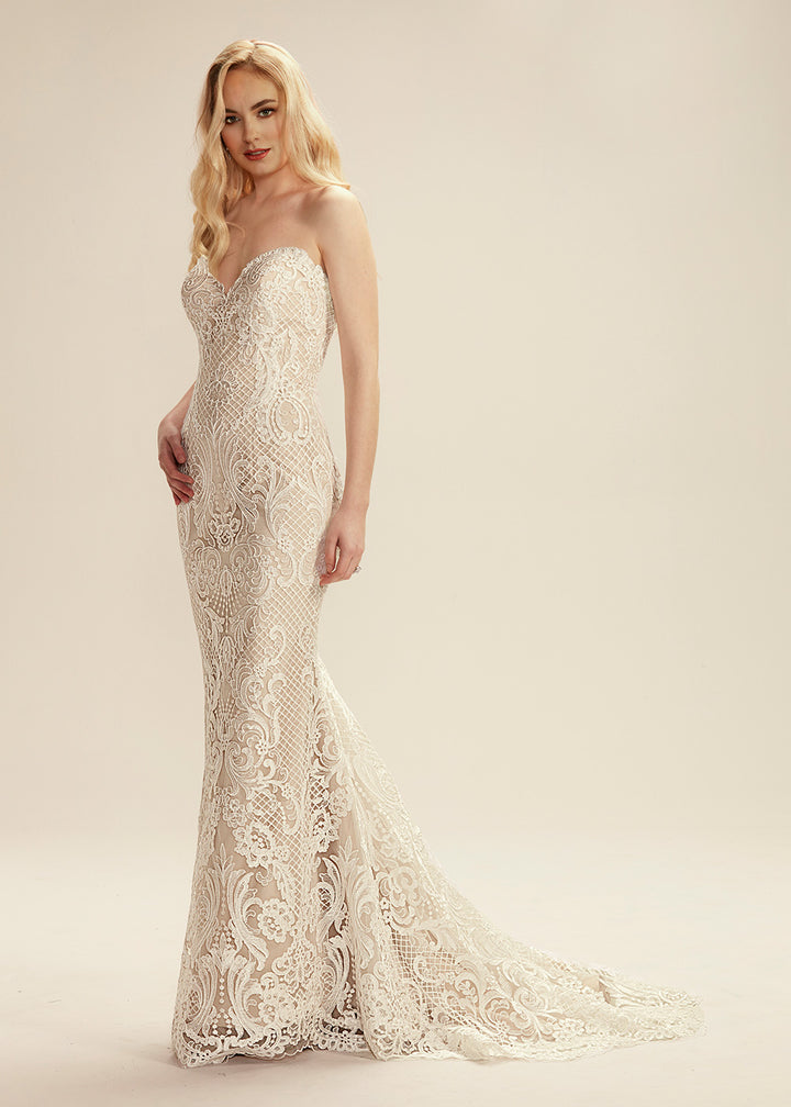 strapless lace sheath dress Allover Beaded Lace Strapless Sheath Wedding Dress