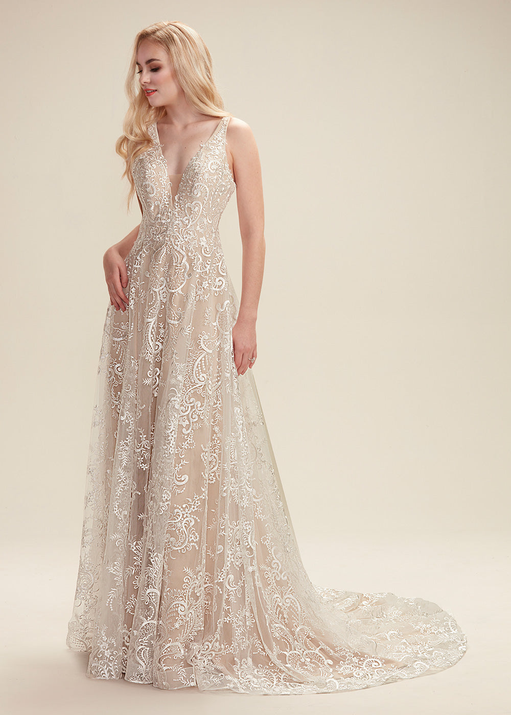 Backless V-Neck A-Line Lace Wedding Dress with Train Avery Austin Backless V-Neck A-Line Lace Wedding Dress with Train Avery Austin