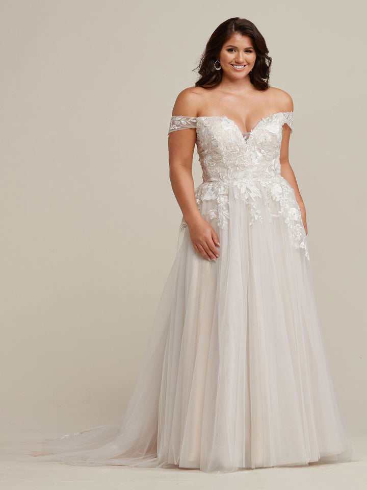 Trinity Off-the-Shoulder A-Line Plus Wedding Dress with Lace Image 1