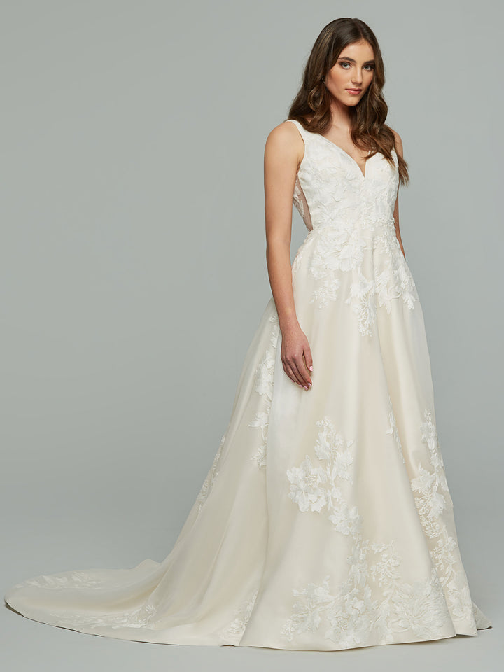 lace and organza wedding dress Beaded Lace Illusion Neck Organza A-line Chic Wedding Gown