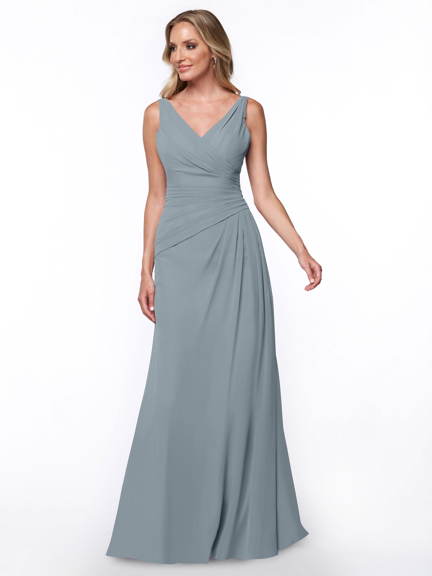 80030 - Chiffon Sheath Bridesmaid Dress with Ruching V-Neck Bodice