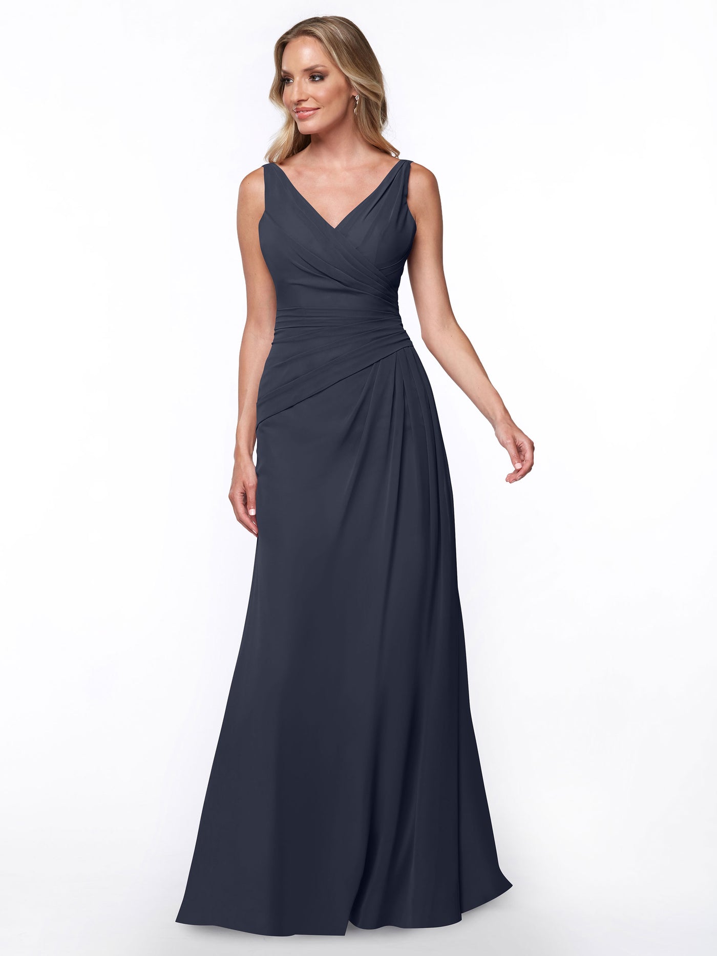 80030 - Chiffon Sheath Bridesmaid Dress with Ruching V-Neck Bodice
