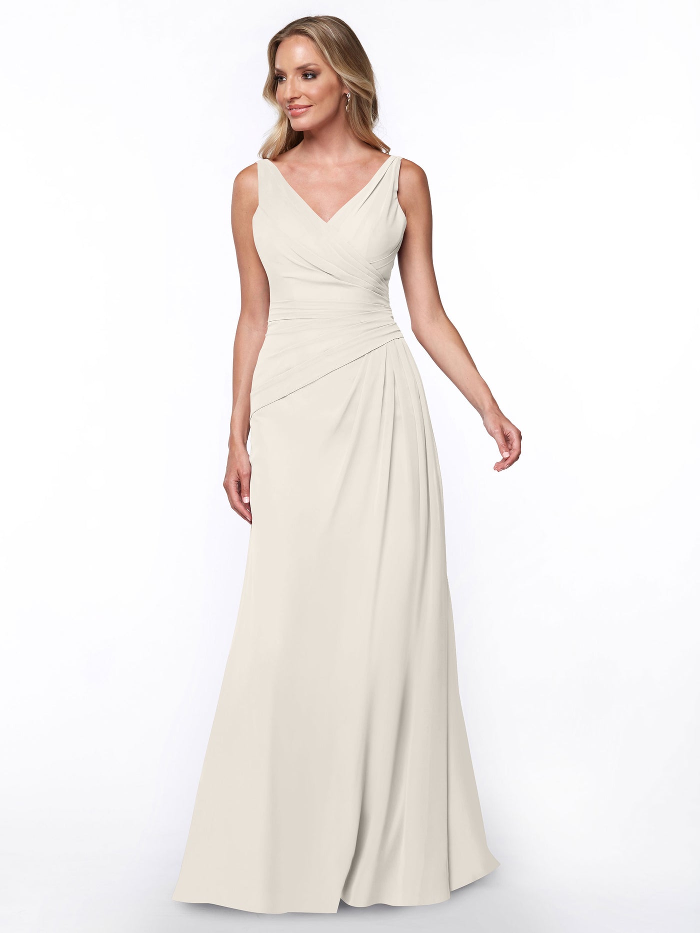 80030 - Chiffon Sheath Bridesmaid Dress with Ruching V-Neck Bodice