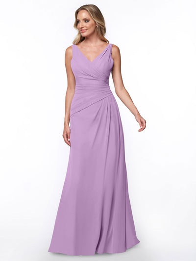 A woman models Avery Austin style 80030, a sleeveless, floor-length lavender sheath dress with a draped V-neckline and ruched bodice, standing against a plain white background.