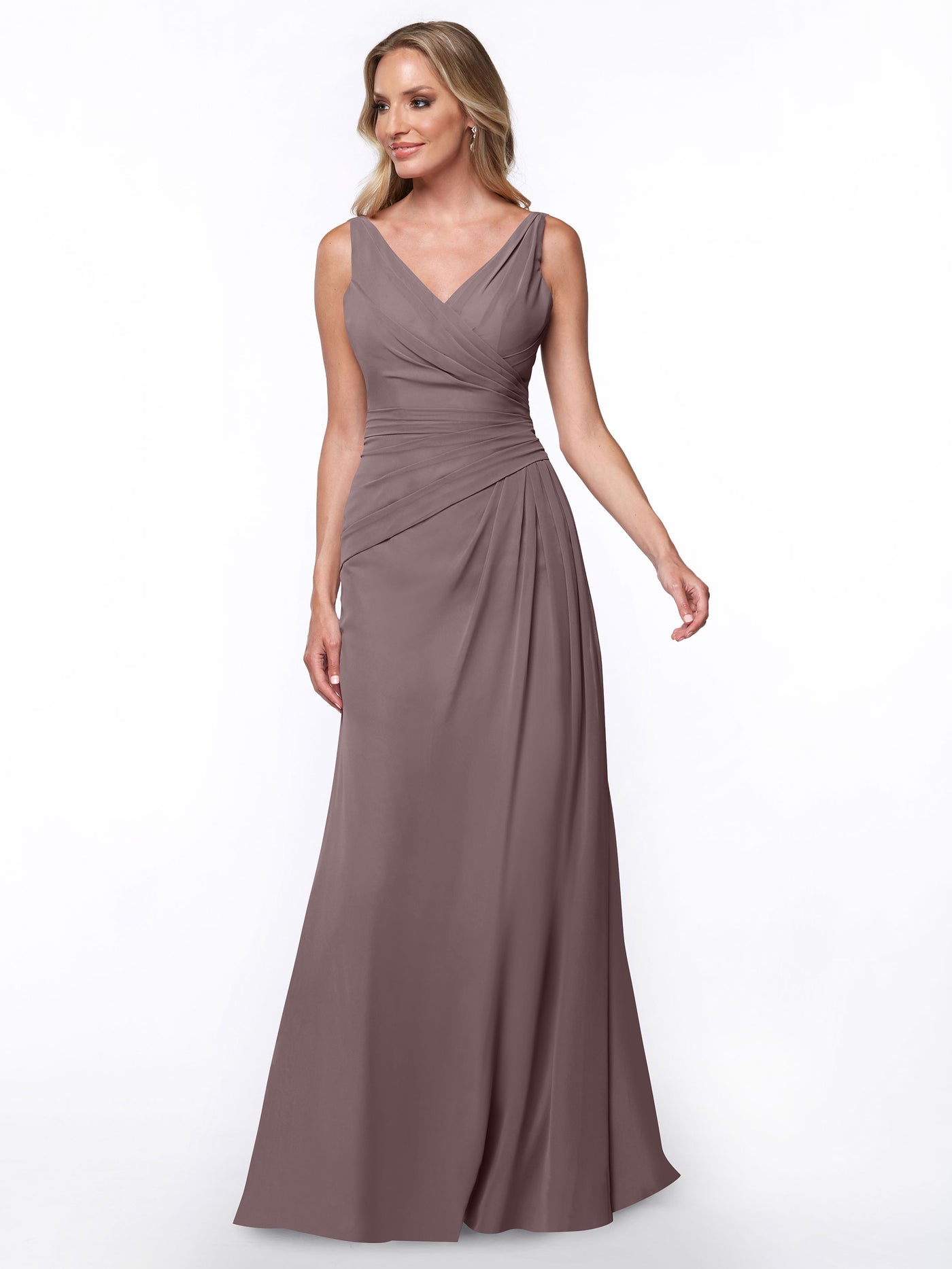 80030 - Chiffon Sheath Bridesmaid Dress with Ruching V-Neck Bodice