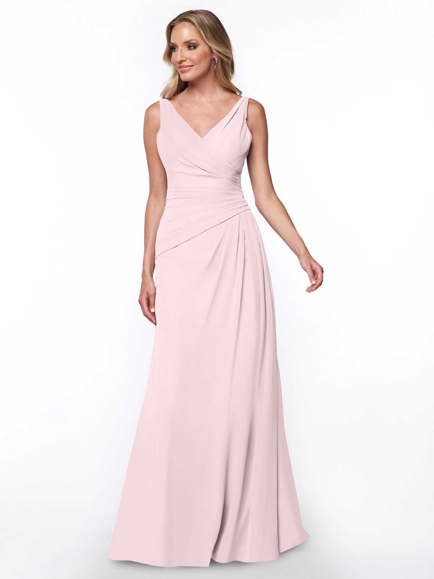80030 - Chiffon Sheath Bridesmaid Dress with Ruching V-Neck Bodice