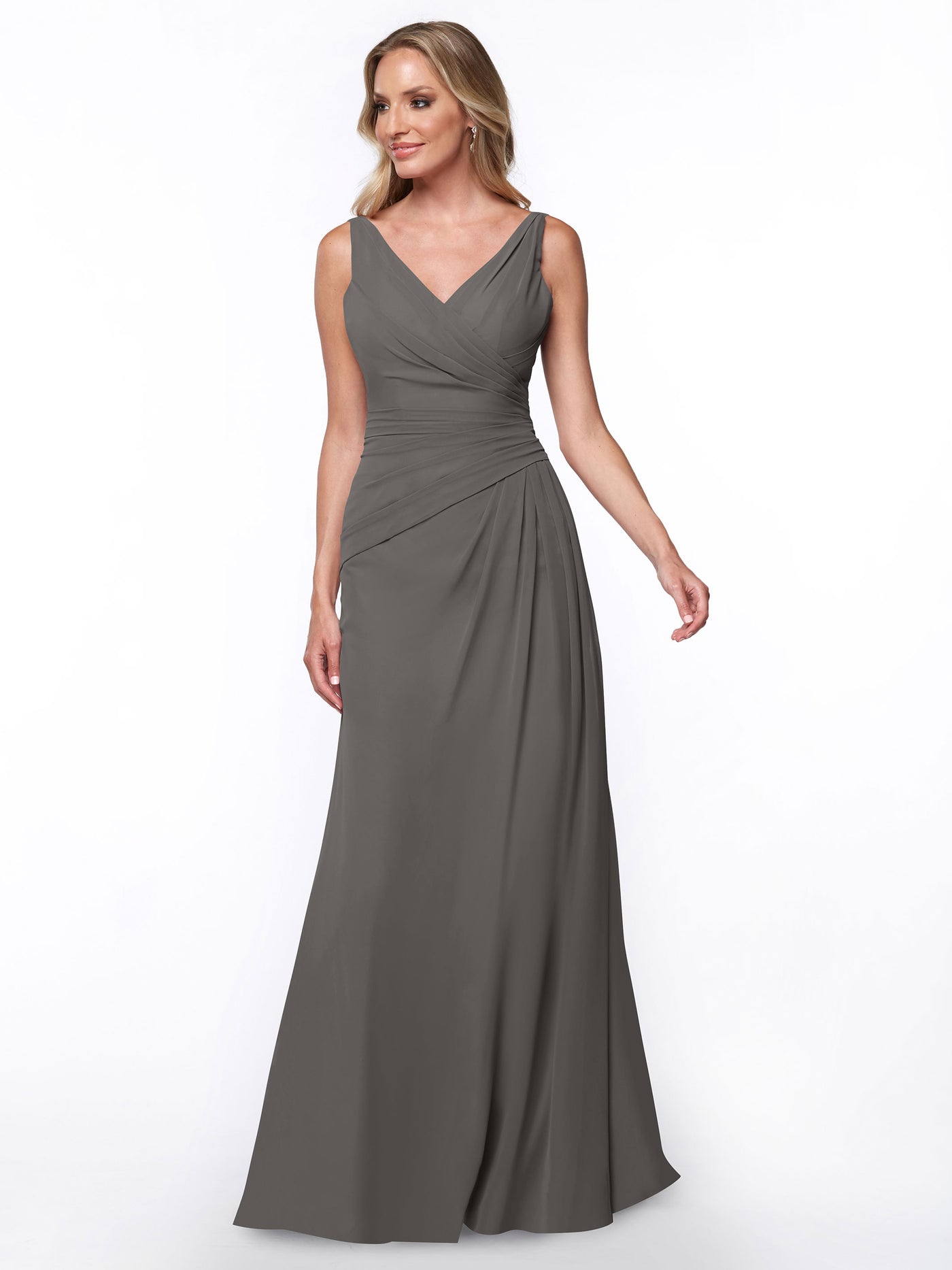 80030 - Chiffon Sheath Bridesmaid Dress with Ruching V-Neck Bodice