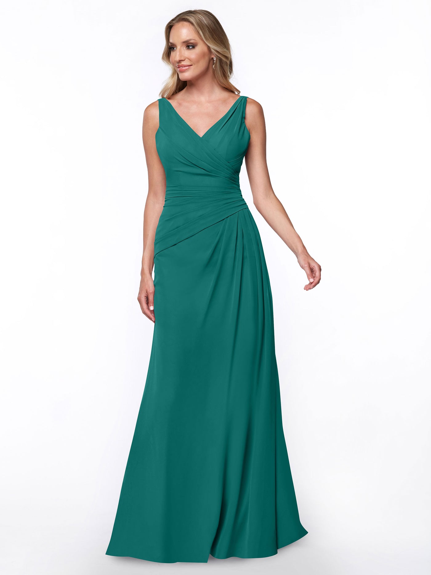 80030 - Chiffon Sheath Bridesmaid Dress with Ruching V-Neck Bodice