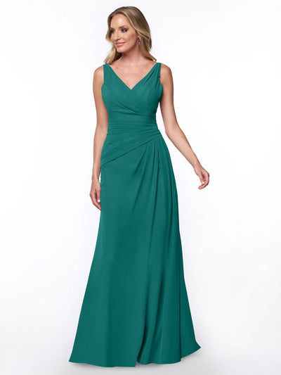 A woman models Avery Austin style 80030, a sleeveless teal floor-length sheath dress with a V-neckline and ruched bodice, against a plain white background.