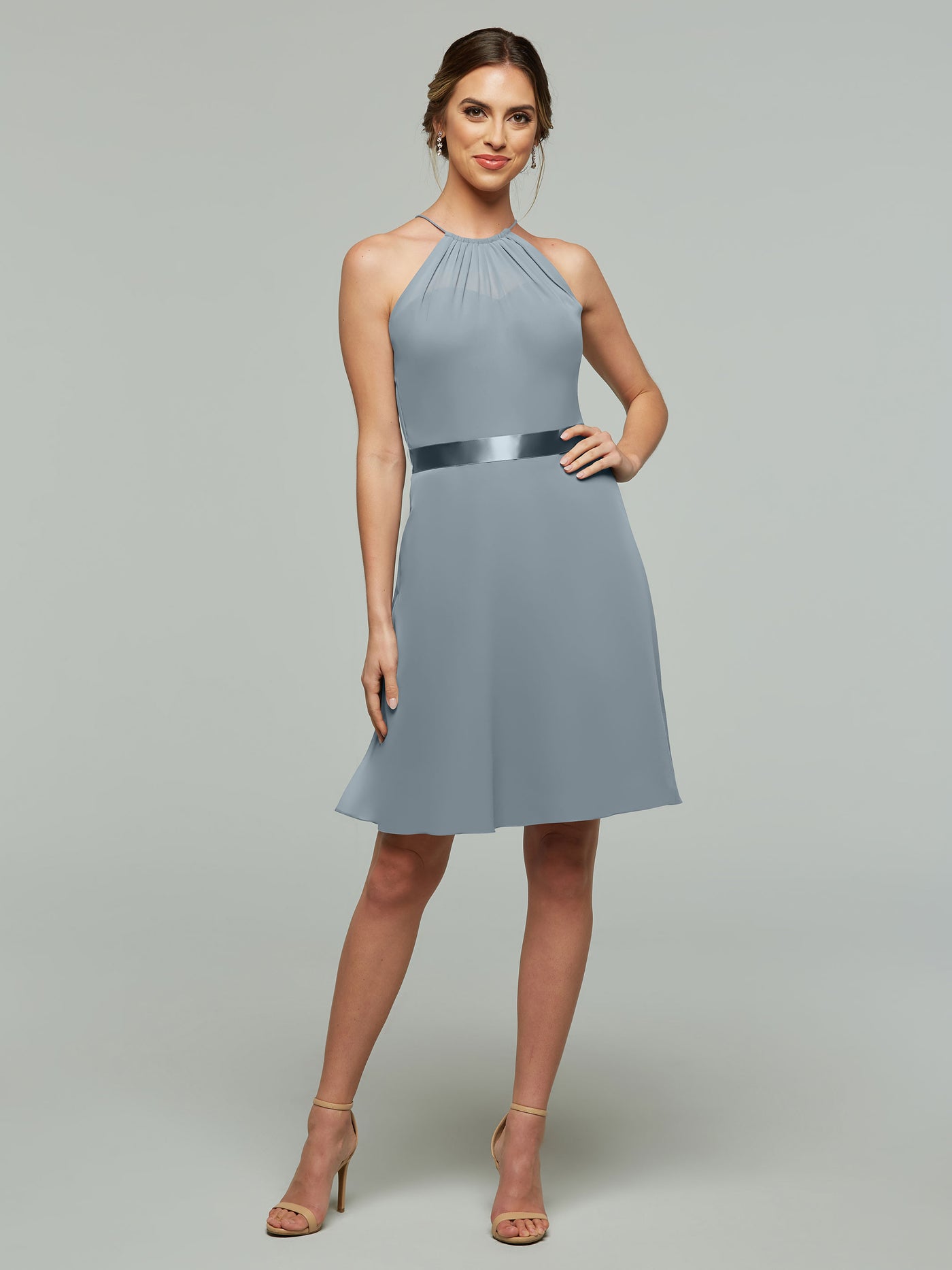 80042 - Knee-Length Chiffon Bridesmaid Dress with Halter Neckline and Keyhole Back