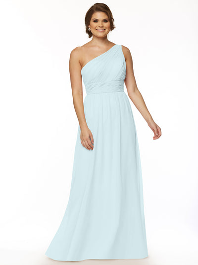 A woman smiles against a white background wearing Avery Austin’s 80047—a floor-length, light blue, one-shoulder chiffon dress featuring a fitted ruched bodice and flowing skirt for an elegant, modern silhouette.