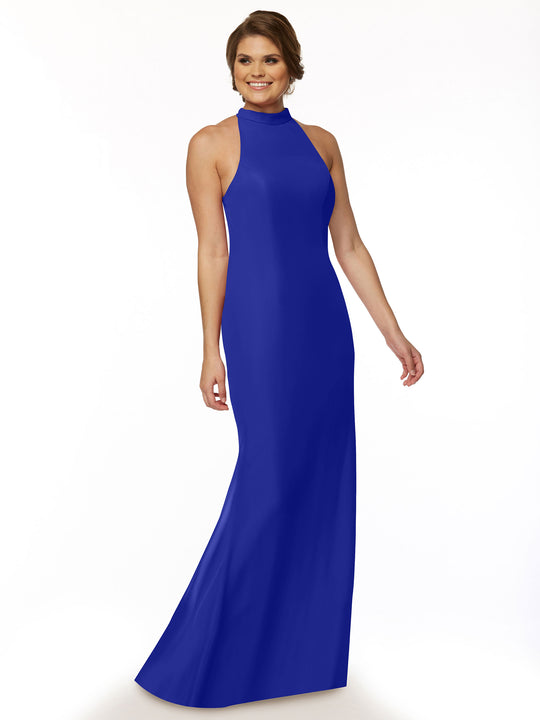 A woman wearing the Avery Austin 80068 sleeveless, floor-length cobalt halter bridesmaid dress with a high neckline stands smiling against a plain white background.