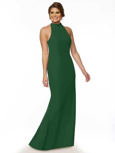 A woman wears Avery Austin’s 80068, a sleeveless, floor-length dark green mermaid chiffon bridesmaid dress with a high halter neckline, posing against a plain white background.
