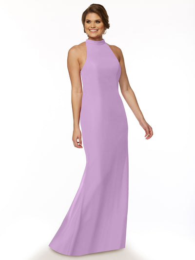 A woman wears Avery Austin's 80068, a sleeveless lilac halter bridesmaid dress with a high neckline, standing against a plain white background and smiling slightly to the side.