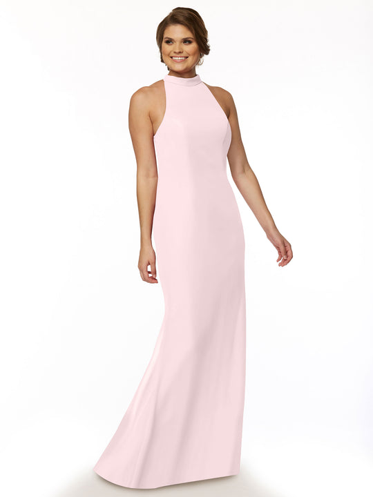 open lace back dress Blush Pink Halter Neck Bridesmaid Dress Sheath/Column Spaghetti Straps V-Neck Floor Length Chiffon Bridesmaid Dresses with Slit
