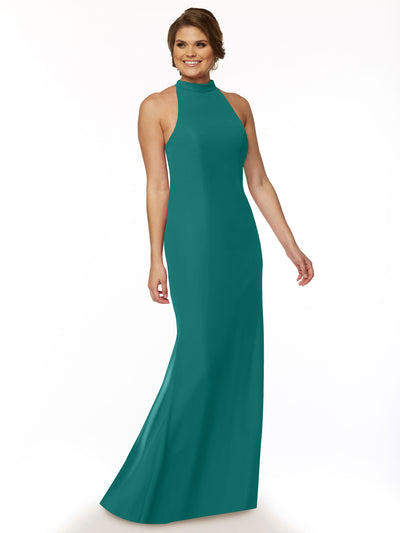 A woman with short brown hair smiles in the Avery Austin 80068, a sleeveless teal chiffon bridesmaid dress featuring a high neckline, posing against a plain white background.