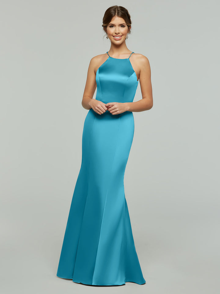 A woman smiles against a plain light gray background, her hair in an elegant updo, wearing the Avery Austin TH-80071—a sleeveless, floor-length fitted turquoise satin dress with thin straps.