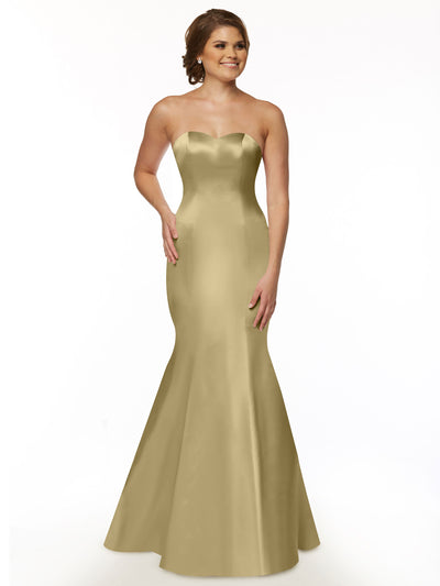 A woman models the Avery Austin 80072 in Palomino—a strapless, sweetheart neckline mermaid dress—while smiling against a plain white background.