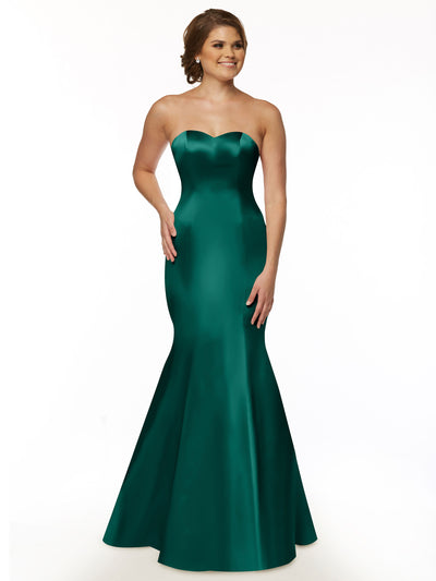 A woman smiles in an Avery Austin 80072 teal fit and flare dress featuring a strapless sweetheart neckline and floor-length skirt. Her hair is in an updo as she poses against a plain white background.
