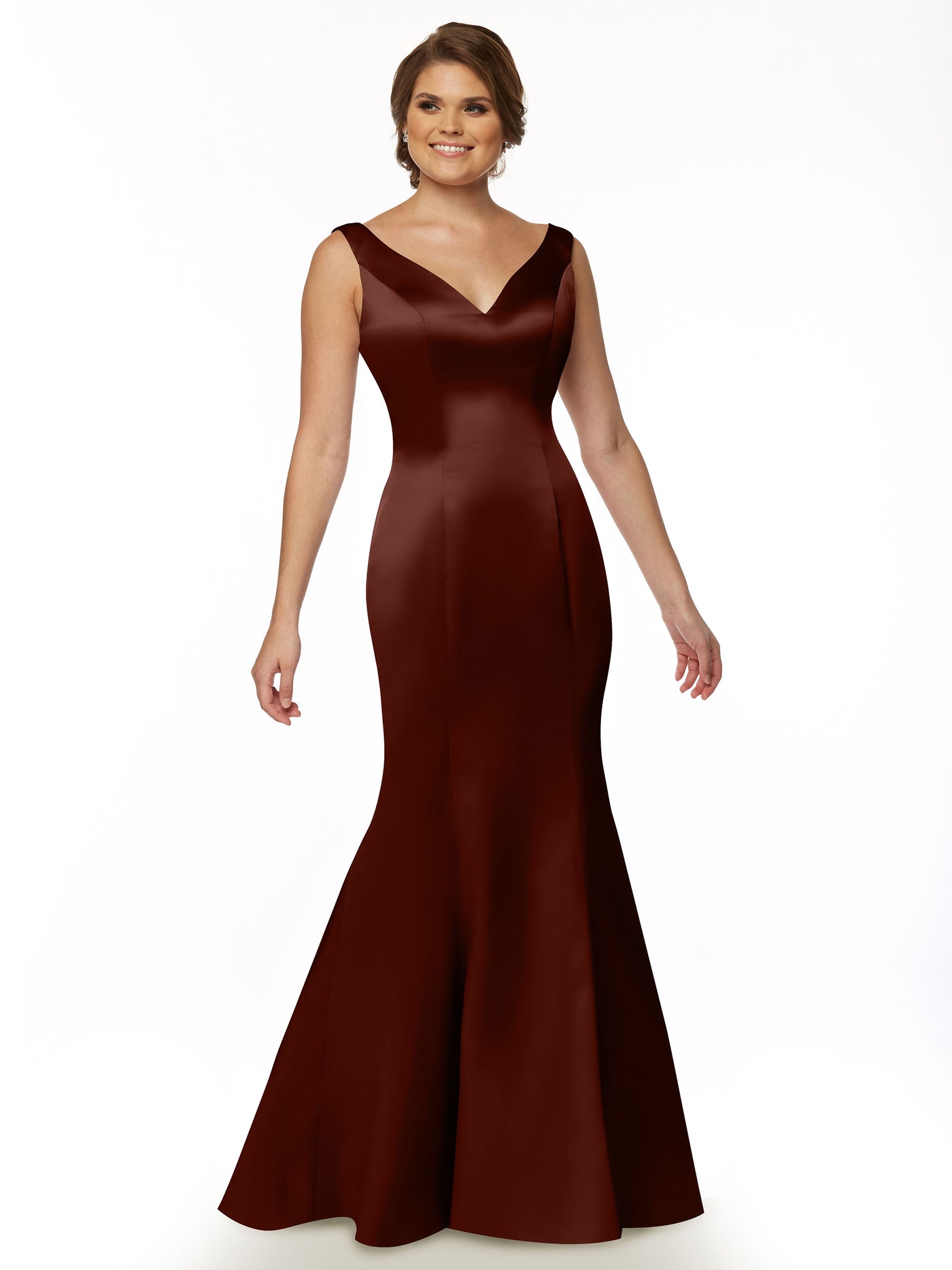 80078 - Fit and Flare Satin Bridesmaid Dress with V Neckline and Ruffled Back