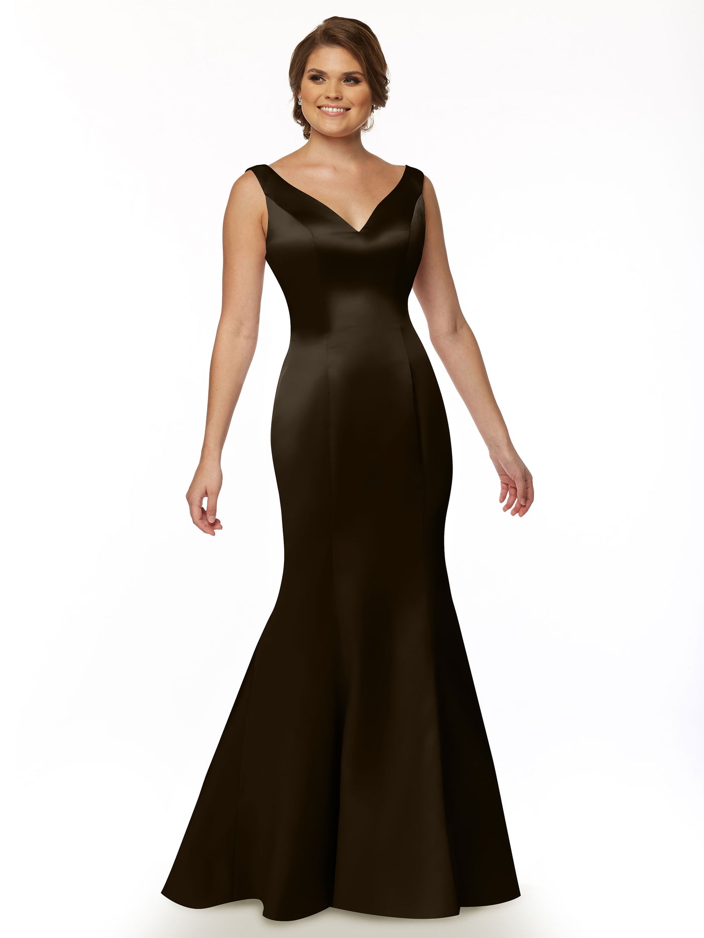 80078 - Fit and Flare Satin Bridesmaid Dress with V Neckline and Ruffled Back