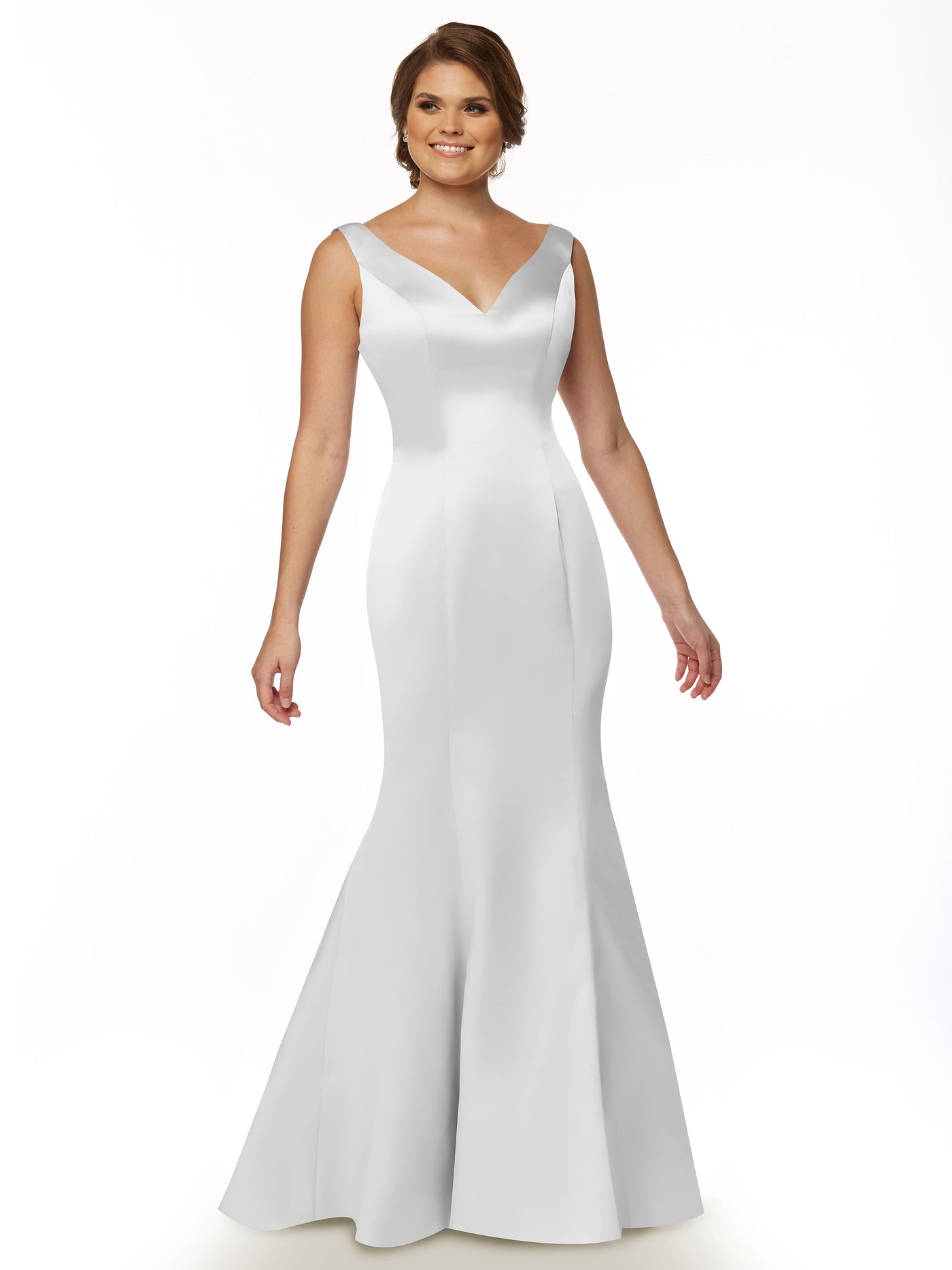 80078 - Fit and Flare Satin Bridesmaid Dress with V Neckline and Ruffled Back