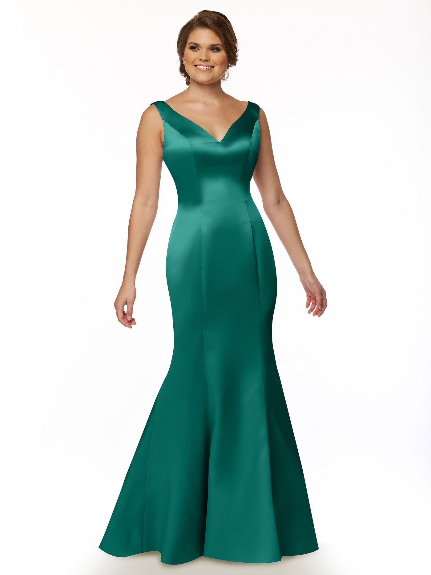 80078 - Fit and Flare Satin Bridesmaid Dress with V Neckline and Ruffled Back