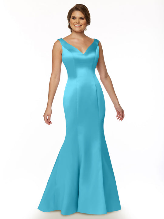 A woman smiles against a white background wearing Avery Austin’s 80078 gown, a sleeveless aqua blue fit-and-flare dress with a V-neckline, smooth fabric, and a subtly flared floor-length skirt.
