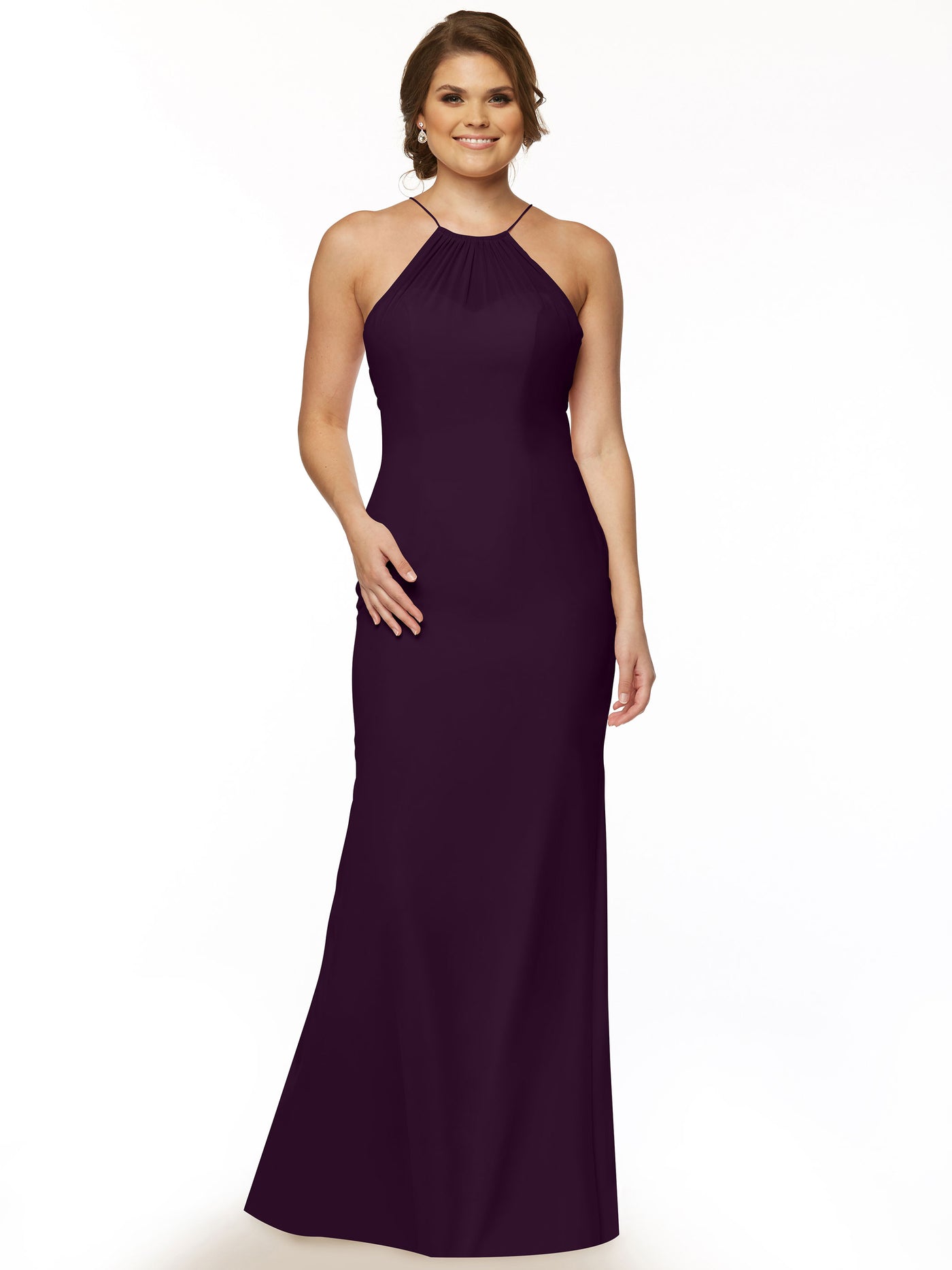 80083 - Fit and Flare Chiffon Bridesmaid Dress with Halter Neckline