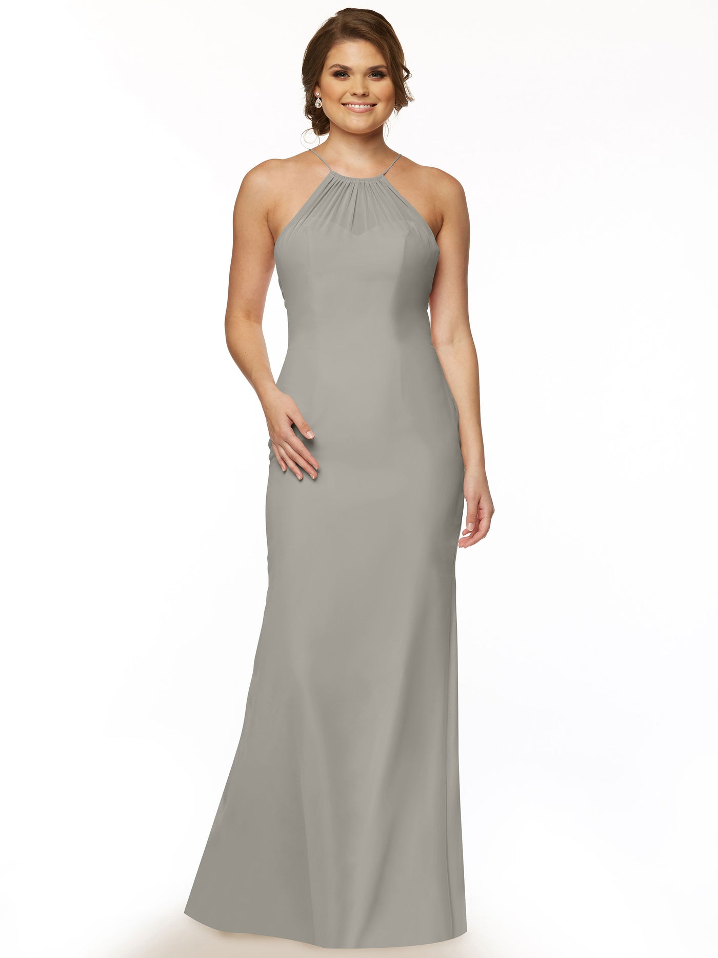 80083 - Fit and Flare Chiffon Bridesmaid Dress with Halter Neckline