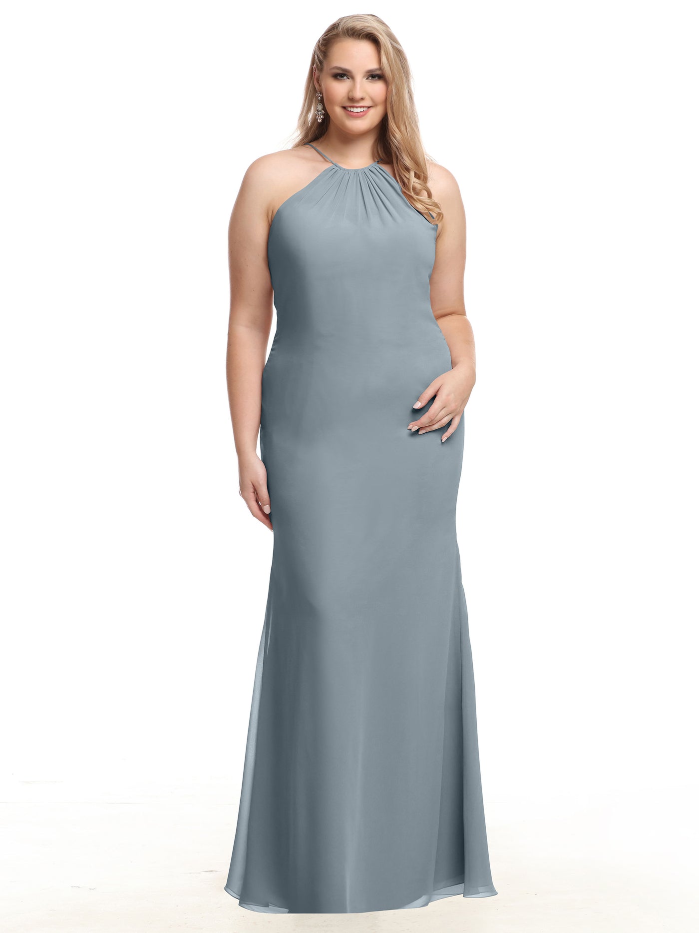 80083 - Fit and Flare Chiffon Bridesmaid Dress with Halter Neckline