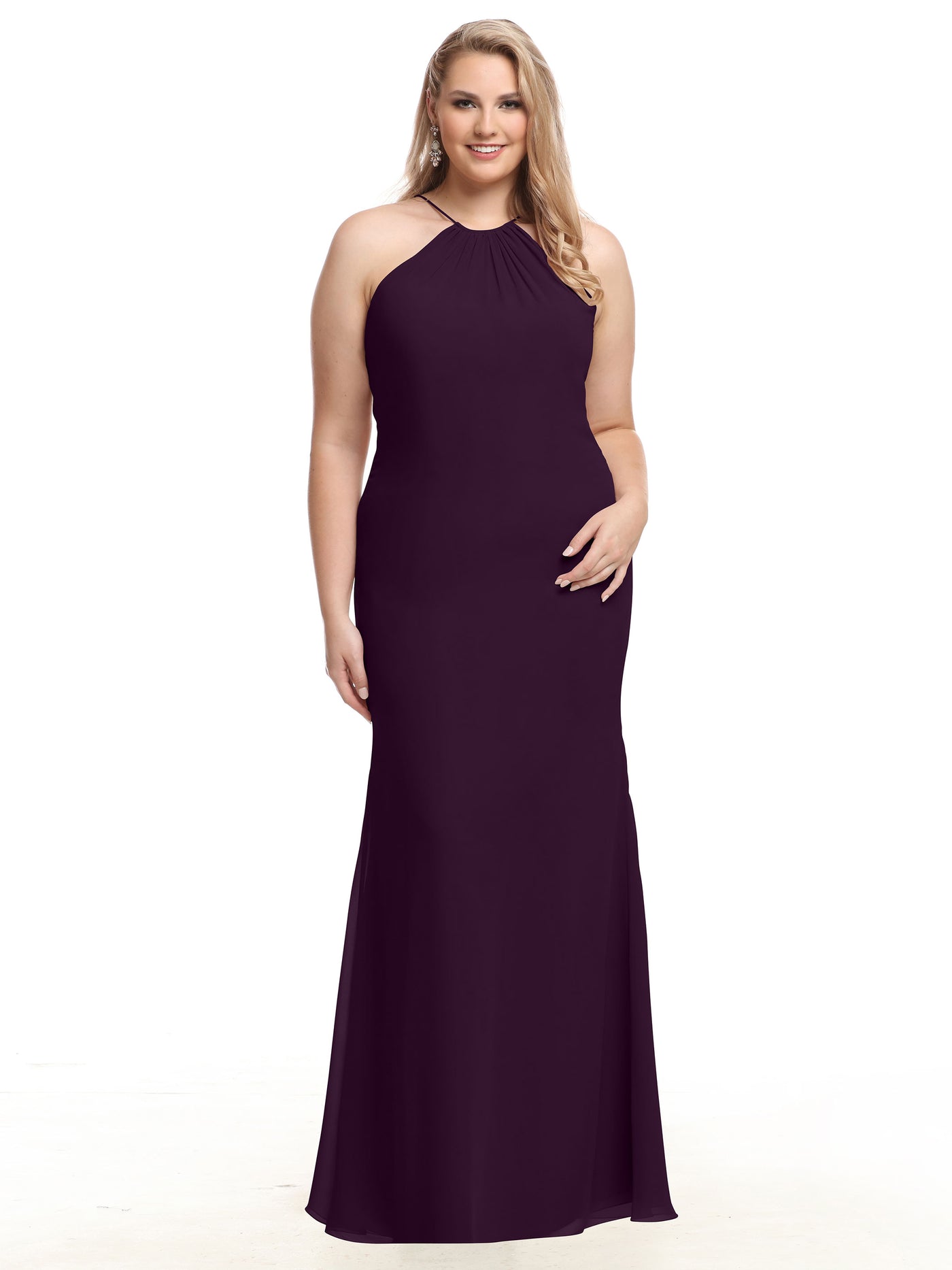 80083 - Fit and Flare Chiffon Bridesmaid Dress with Halter Neckline