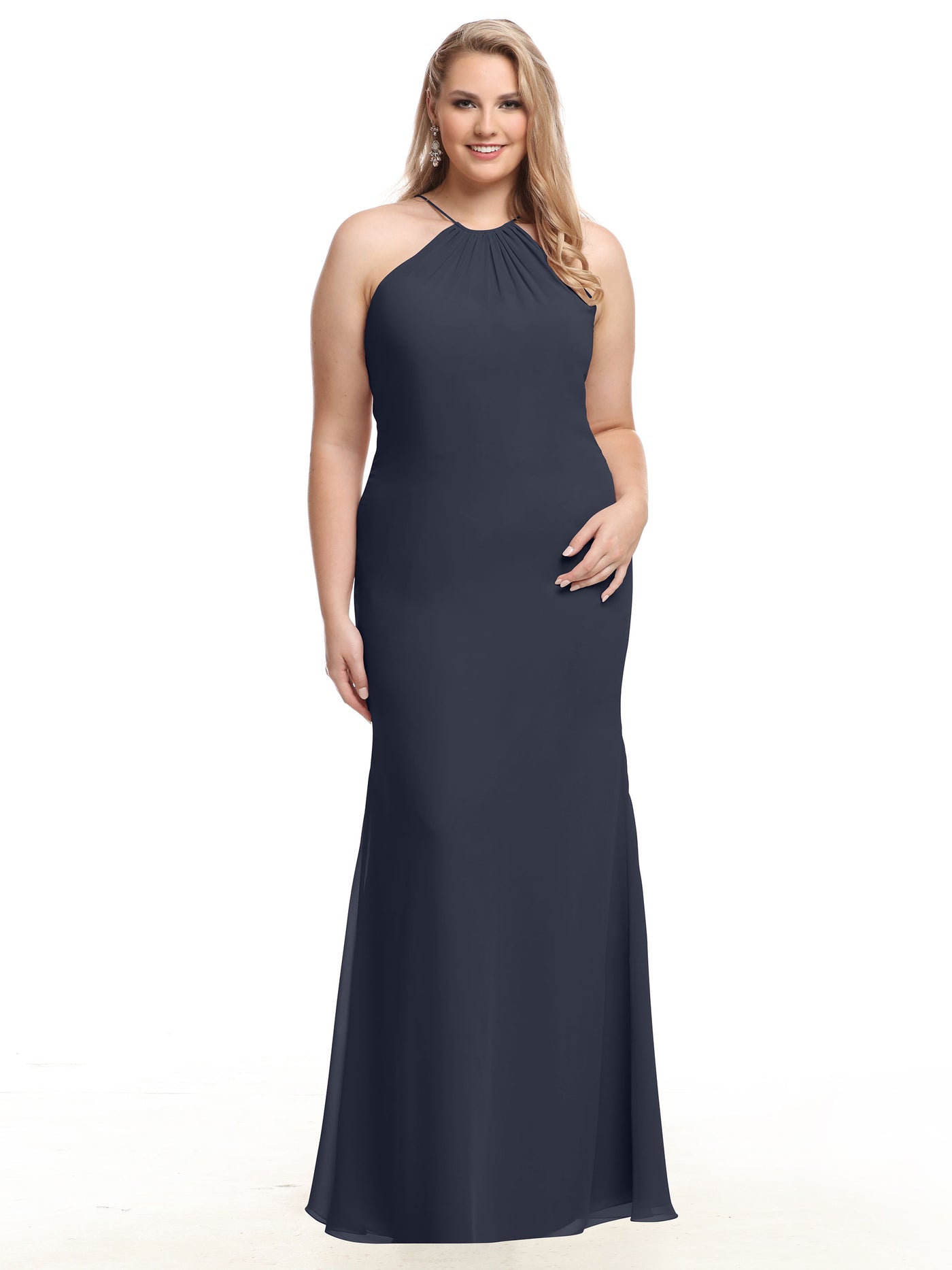80083 - Fit and Flare Chiffon Bridesmaid Dress with Halter Neckline