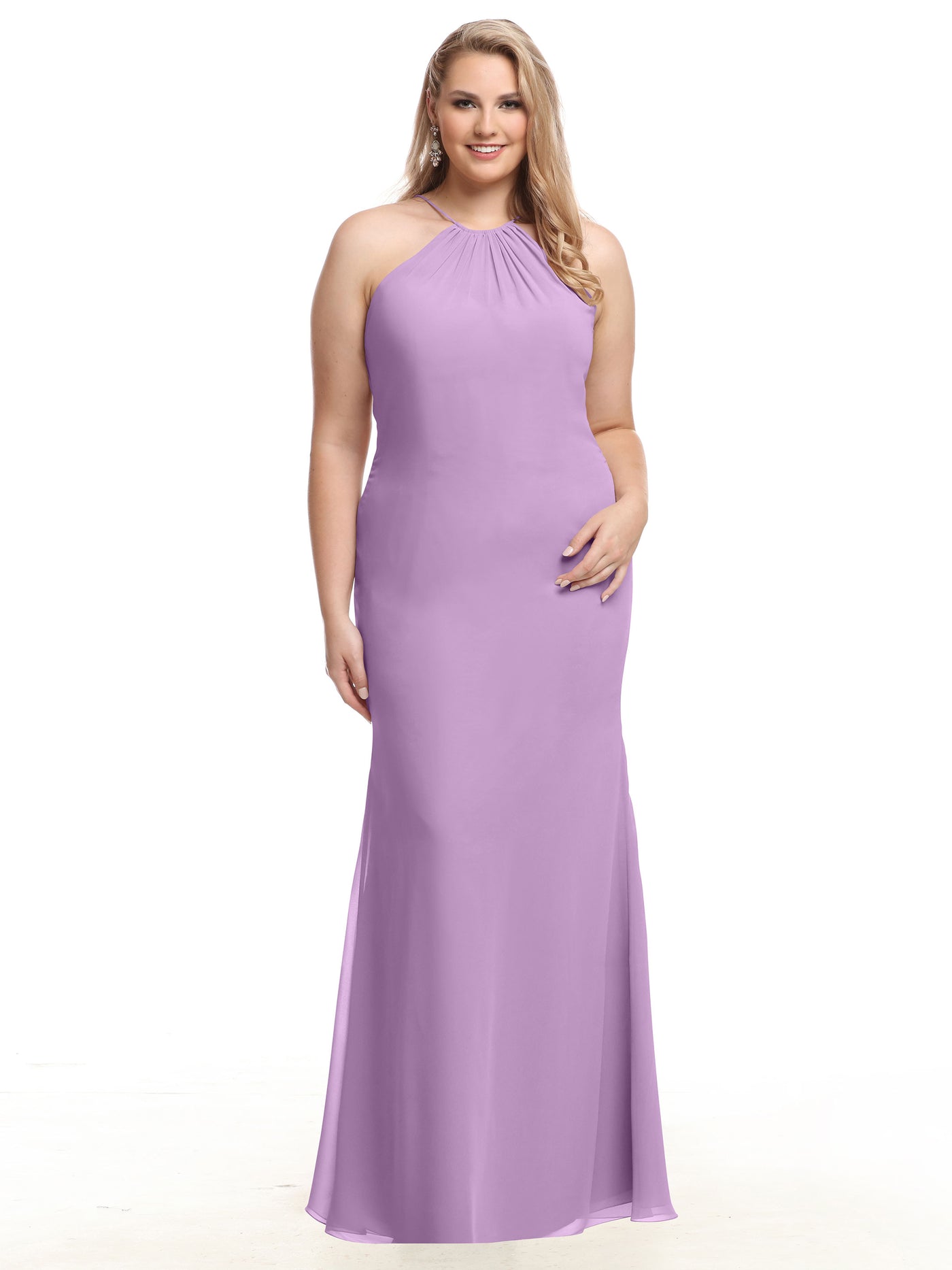 80083 - Fit and Flare Chiffon Bridesmaid Dress with Halter Neckline